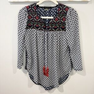 Boho Ezra Embroidered Tassel Blouse Navy White XS